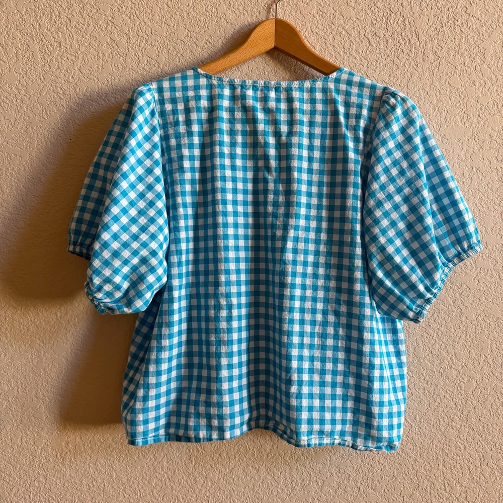 J.CREW Women’s Sz L Blouse Blue White Gingham 100% Cotton Balloon Sleeve V-Neck - Picture 6 of 7
